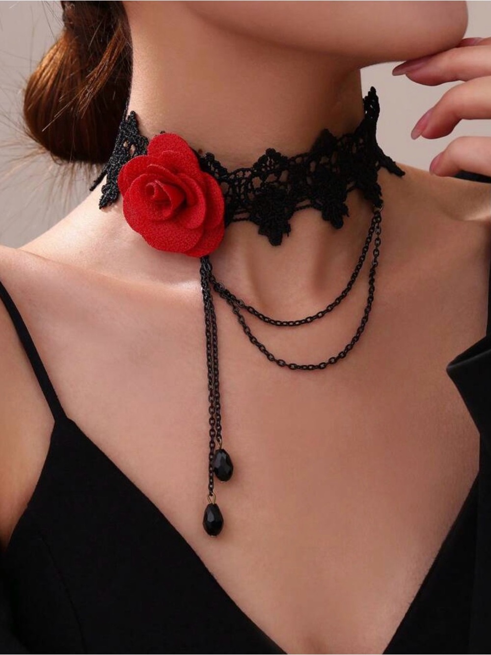 Black Lace Choker Necklace with Red Rose Accent